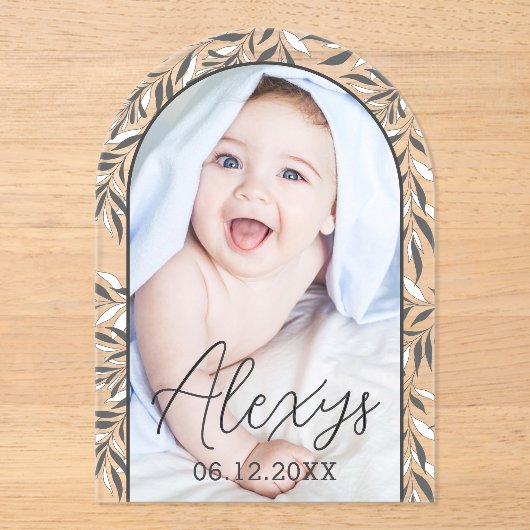 Faire-part de naissance photo de feuillage noir et (Recto)