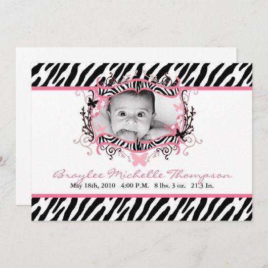 faire-part de naissance photo d'impression Zèbre P (Devant / Derrière)