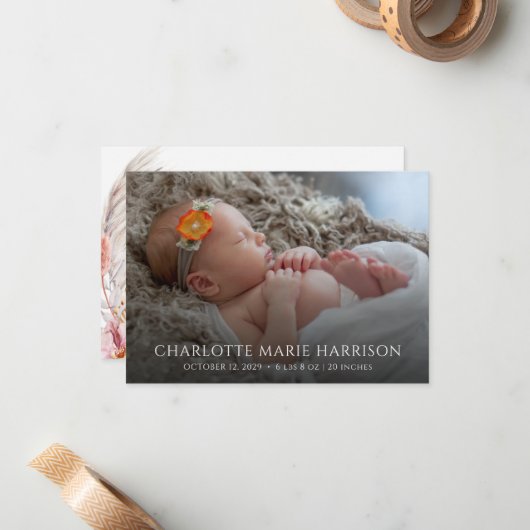 Faire-part de naissance photo élégant Boho Herbe d (Devant/Arrière en situation)