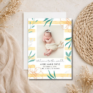 Faire-part de naissance photo florale à rayure jau