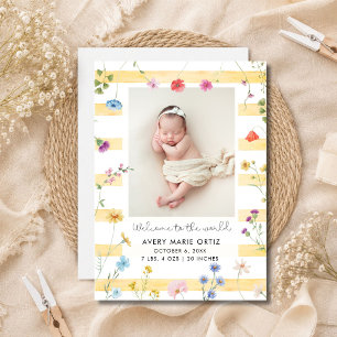 Faire-part de naissance photo florale à rayure jau