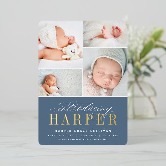 Faire-part de naissance photo Foil Introduction cl (Debout devant)