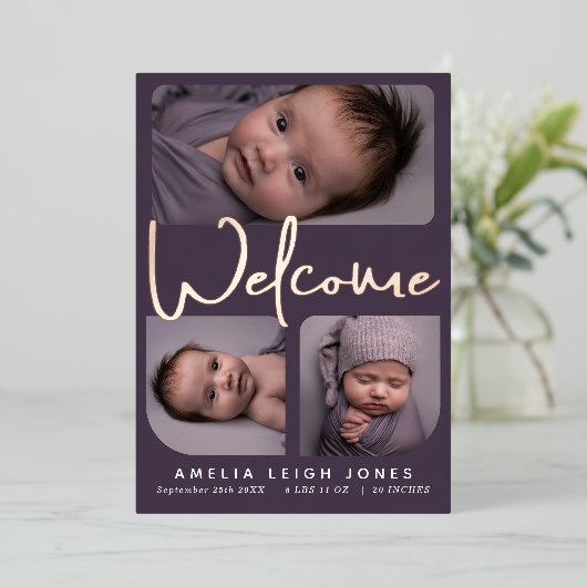 Faire-part de naissance photo Foil Script Welcome (Debout devant)