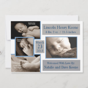 Faire-part de naissance photo gris et bleu 5x7