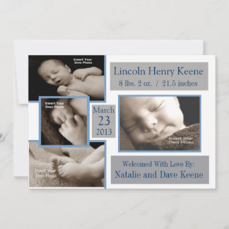 Faire-part de naissance photo gris et bleu 5x7