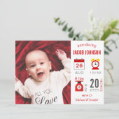 Faire-part de naissance photo infographique rouge (Debout devant)