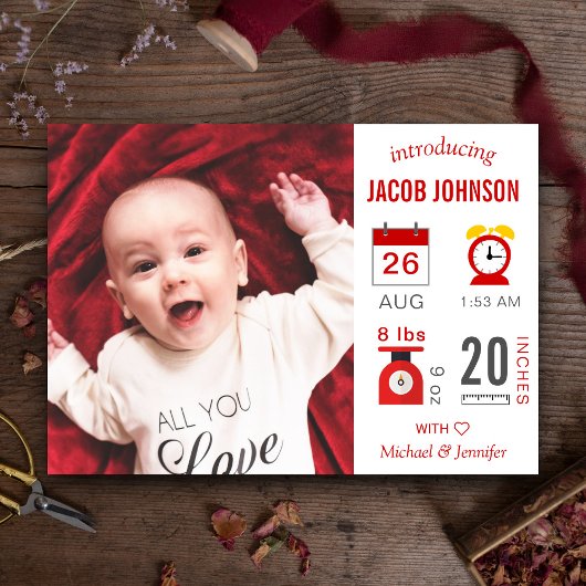 Faire-part de naissance photo infographique rouge