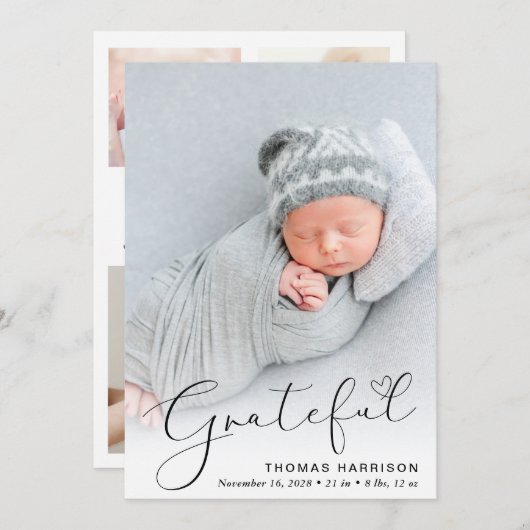 Faire-part de naissance photo moderne Grateful (Devant / Derrière)
