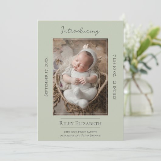 Faire-part de naissance photo moderne Sage Green (Debout devant)
