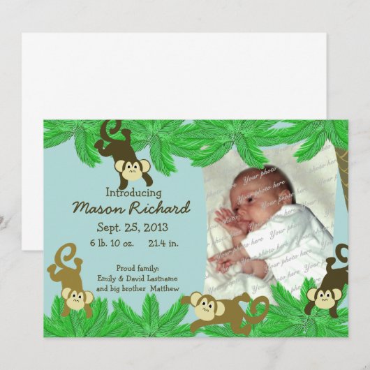 Faire-part de naissance photo Monkey (Devant / Derrière)