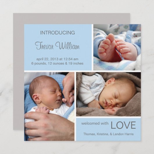 Faire-part de naissance photo multiple//bleu clair (Devant / Derrière)