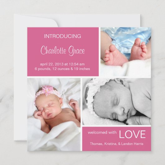 Faire-part de naissance photo multiple//rose Fuchs (Devant)