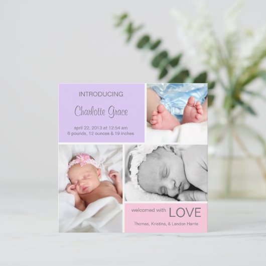 Faire-part de naissance photo multiple //rose viol (Debout devant)