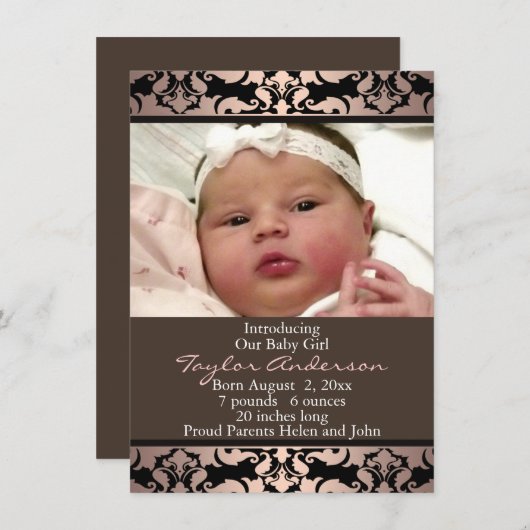 Faire-part de naissance photo Peach Pink Damask (Devant / Derrière)