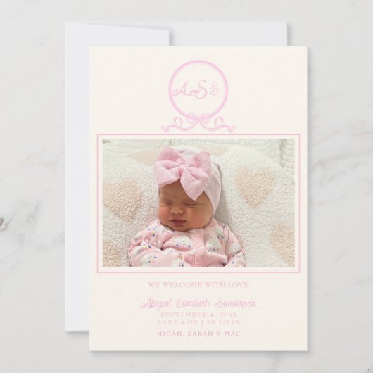 Faire-part de naissance photo Pink Bow (Devant)