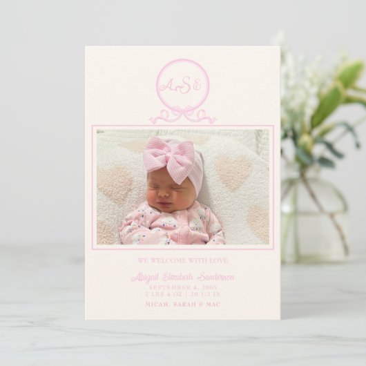Faire-part de naissance photo Pink Bow (Debout devant)