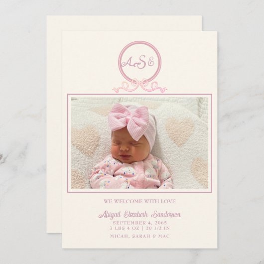 Faire-part de naissance photo Pink Bow II (Devant / Derrière)