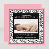 Faire-part de naissance photo pour bébé rose Flora (Devant / Derrière)