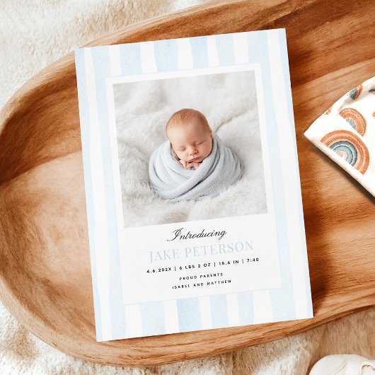 Faire-part de naissance photo rayures bleues