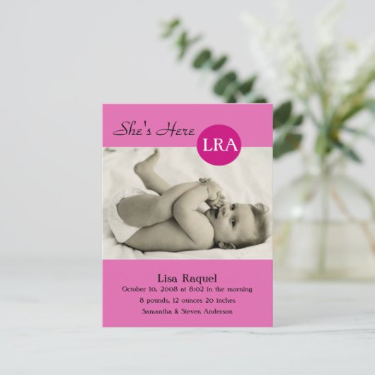 Faire-part de naissance photo Retro Dot (Rose) (Debout devant)