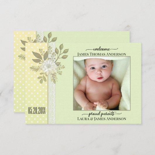 Faire-part de naissance photo Retro Green Script B (Devant / Derrière)