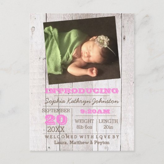 Faire-part de naissance photo rose blanc (Devant)