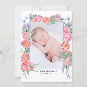 faire-part de naissance photo rose floral or