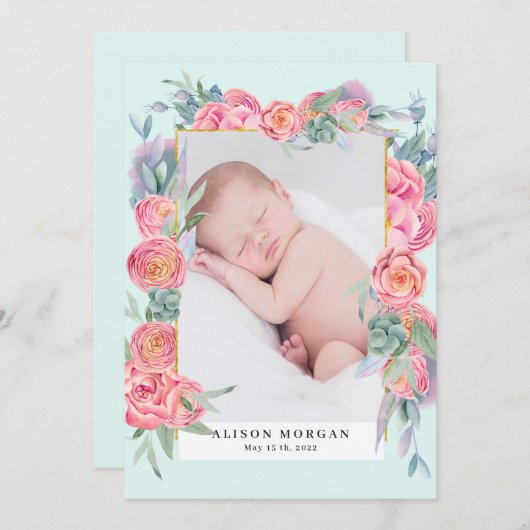 faire-part de naissance photo rose floral or (Devant / Derrière)