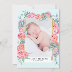 faire-part de naissance photo rose floral or