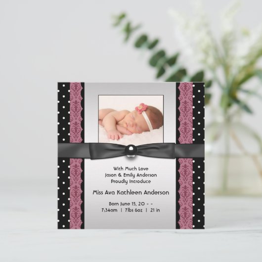 Faire-part de naissance photo rose noir Polka Dot (Debout devant)
