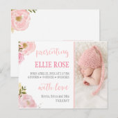 Faire-part de naissance photo roses aquarelle rose (Devant / Derrière)