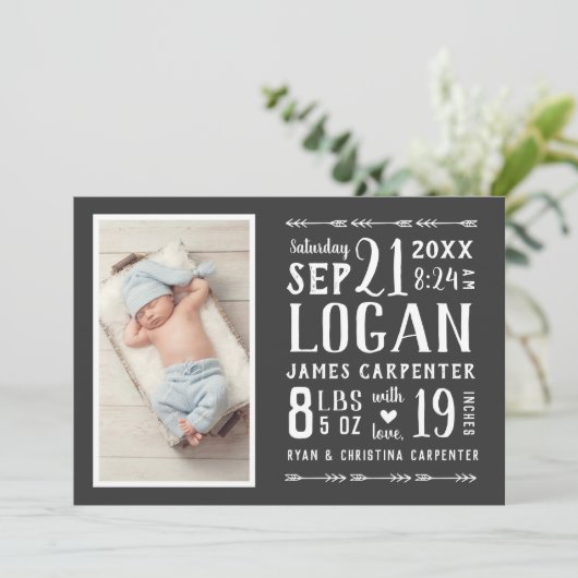 Faire-part de naissance photo rustique moderne (Debout devant)