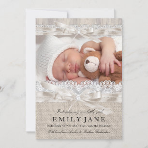 Faire-part de naissance photo rustique ruban et de