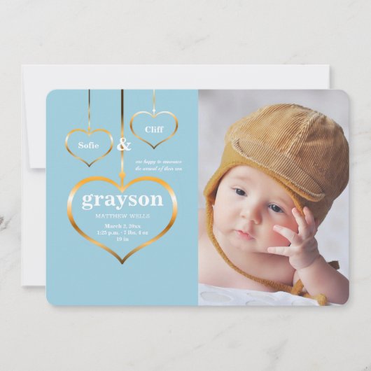 Faire-part de naissance photo Trois Coeurs (Devant)