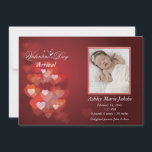 Faire-part de naissance photo Valentine Hearts<br><div class="desc">Une multitude de coeurs, dans les tons chauds de rose, cascade sous les mots "Saint Valentin Arrivée". Introduisez votre nouvel amour avec cette belle faire-part de naissance. Convient à l'un ou l'autre sexe. La carte est facile à customiser avec votre libellé, police, couleur de police et choix de six types...</div>