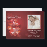 Faire-part de naissance photo Valentine Hearts<br><div class="desc">Une multitude de coeurs, dans les tons chauds de rose, cascade sous les mots "Saint Valentin Arrivée". Introduisez votre nouvel amour avec cette belle faire-part de naissance. Convient à l'un ou l'autre sexe. La carte est facile à customiser avec votre libellé, police, couleur de police et choix de six types...</div>