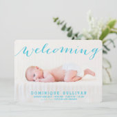 Faire-part de naissance photo Whimsical Blue Scrip (Debout devant)