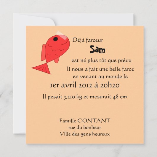 Faire-part de naissance "poisson d'avril" (Dos)