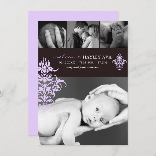 Faire-part de naissance pourpre et Brown Damask (Devant / Derrière)