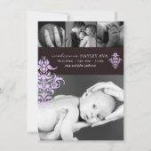 Faire-part de naissance pourpre et Brown Damask (Devant)