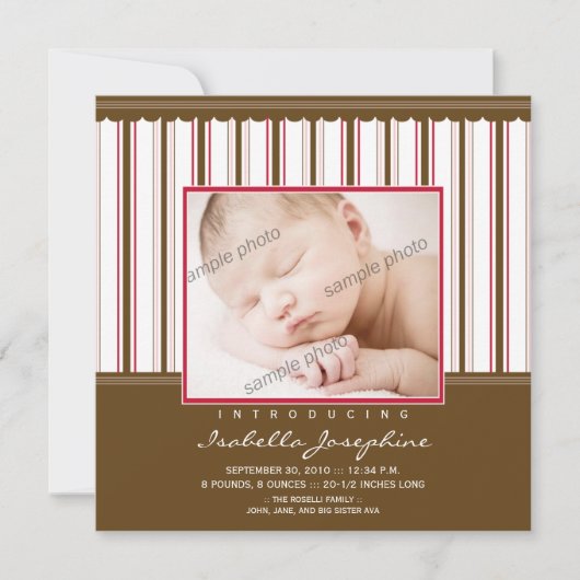 Faire-part de naissance rayé marron/rose tendance (Devant)