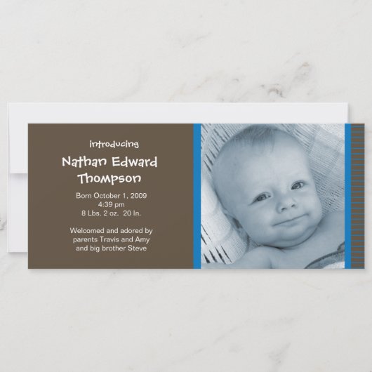Faire-part de naissance - Rayures bleues et marron (Devant)