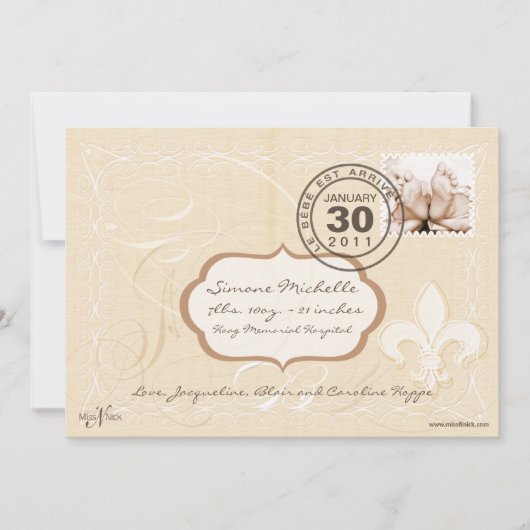 Faire-part de naissance romantique française chic (Devant)