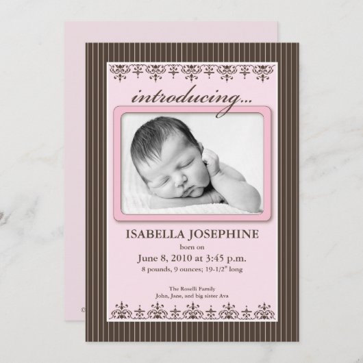 Faire-part de naissance rose rayé classique de 5 x (Devant / Derrière)