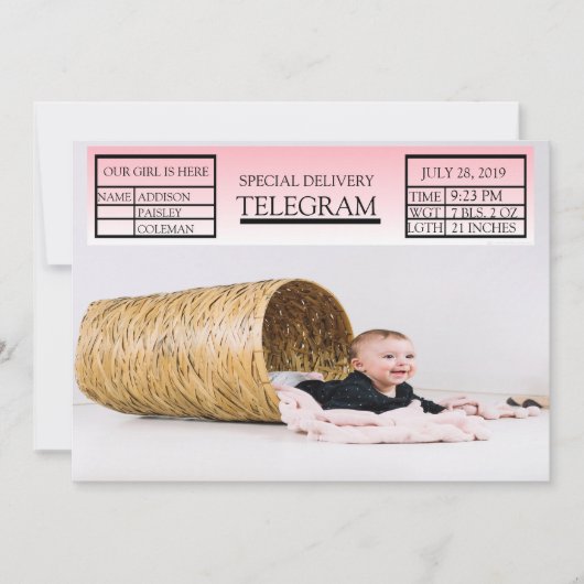 Faire-part de naissance Télégramme spécial Rose po (Devant)