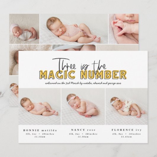 Faire-part de naissance triplé multiphoto (Devant / Derrière)