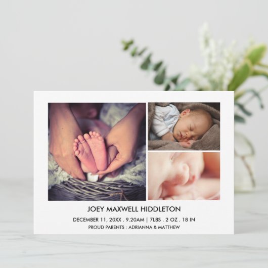 Faire-part de naissance Trois photos Nouveau-né (Debout devant)