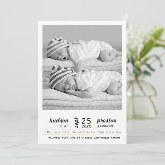 Faire-part de naissance Twin moderne (Debout devant)