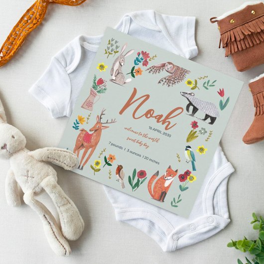 Faire-part de naissance vert mignon animaux de la 