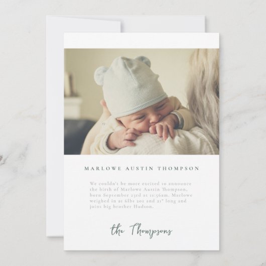 Faire-part de naissance verte à main classique (Dos)